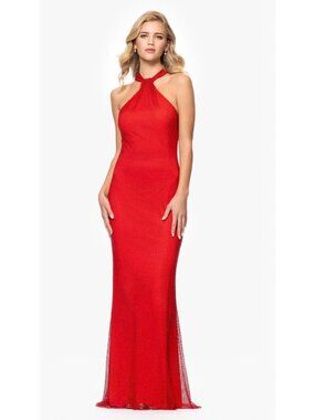 Betsy & Adam Women's Stone Mesh Halter Neck Red Dress Size 8